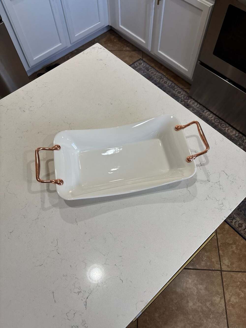 Servappetit White Ceramic Rectangular Serving Platter with Rose Gold Handles